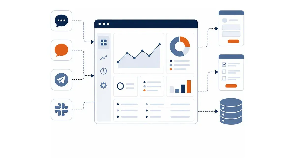 CRM yazılımında web formları ve mesajlaşma kanallarının merkezi veritabanına bağlanması şeması
