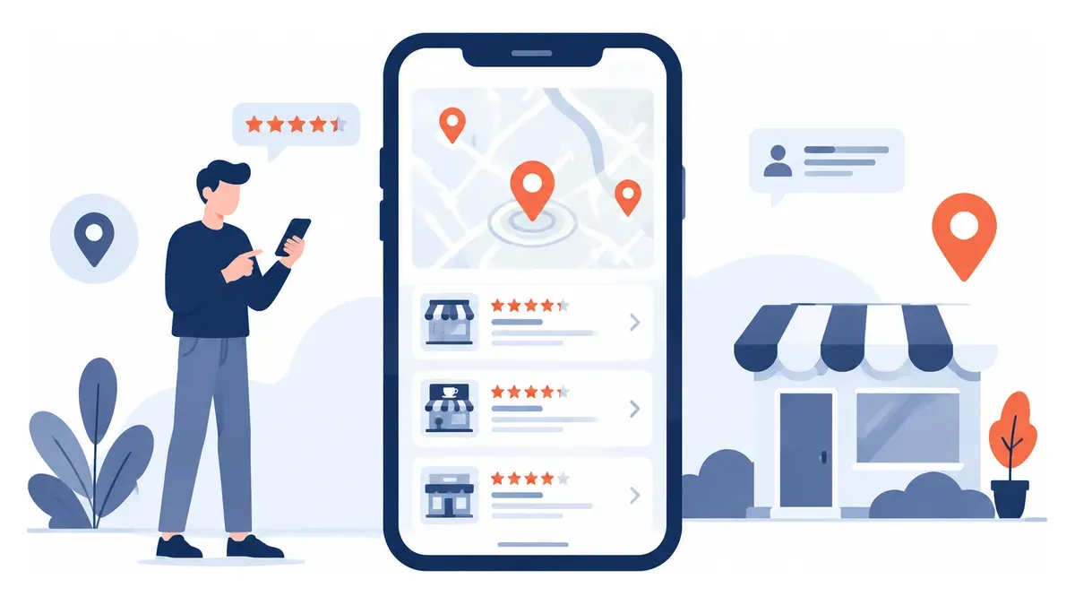 Akıllı telefon ekranında yerel harita işletme profili ve kullanıcı yorumları