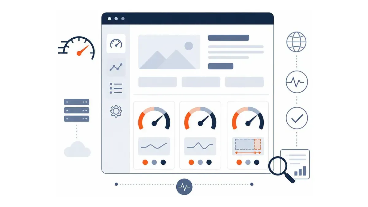 Web sitesi performans gösterge panelinde Core Web Vitals metrikleri ve yükleme süreleri